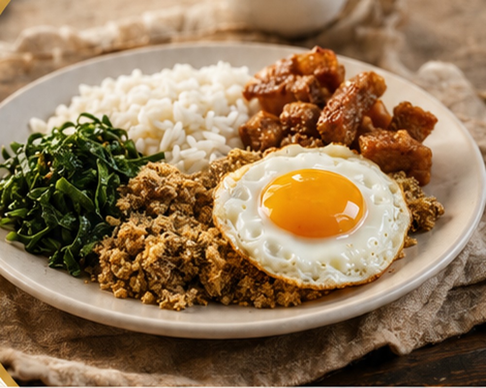 Prato com arroz, couve, ovo frito, tropeiro e carne